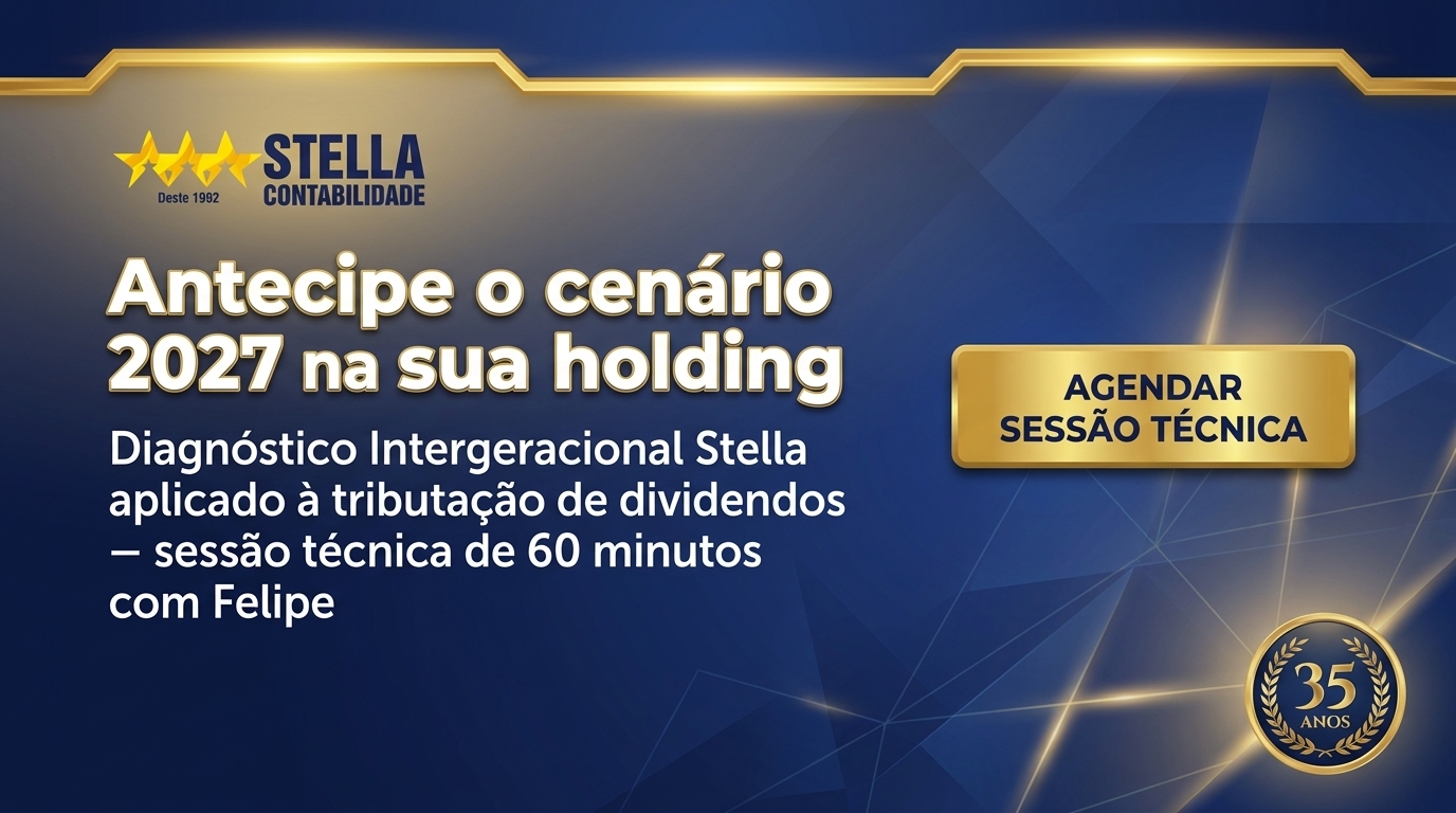 Banner CTA — antecipar cenário 2027 com governança fiscal de fluxo via holding bem estruturada Stella