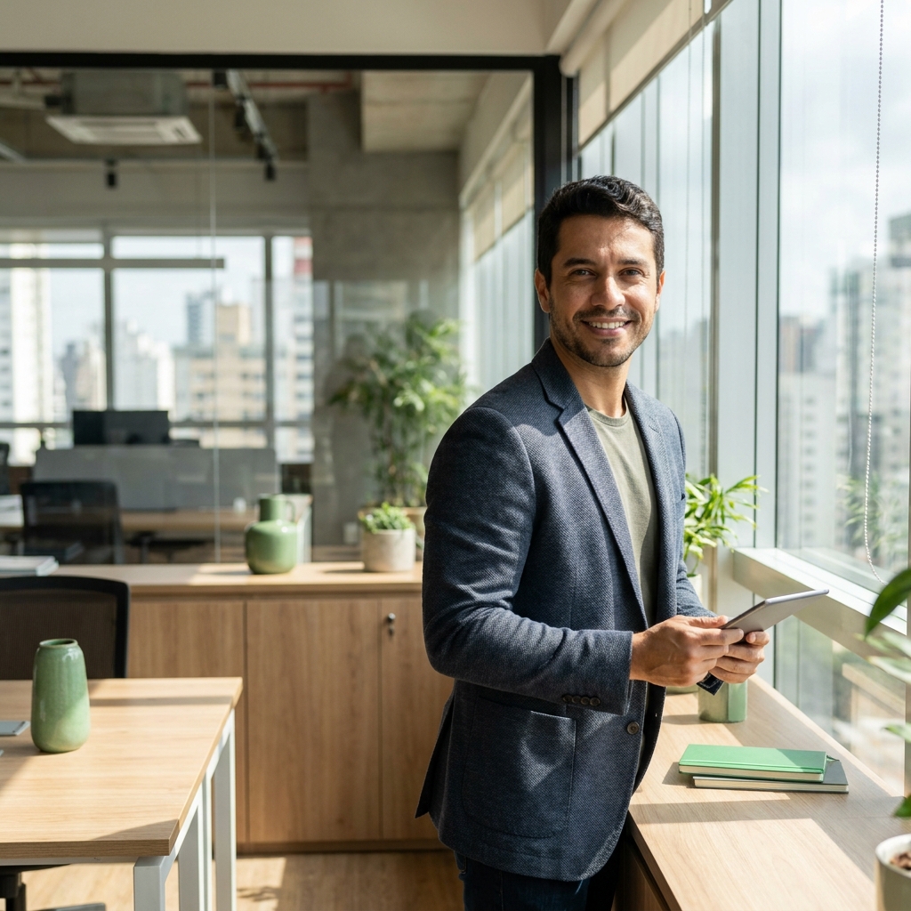 Empresário tranquilo com a contabilidade em ordem