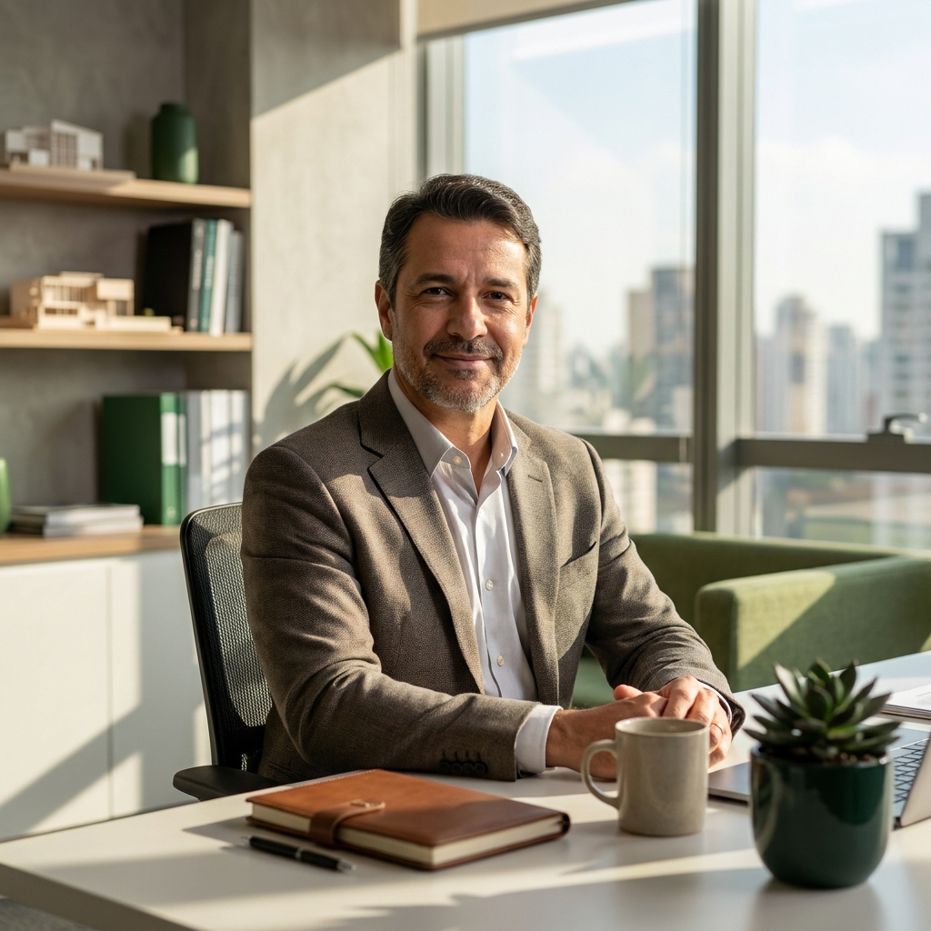 Empresário tranquilo com a contabilidade e os impostos em dia