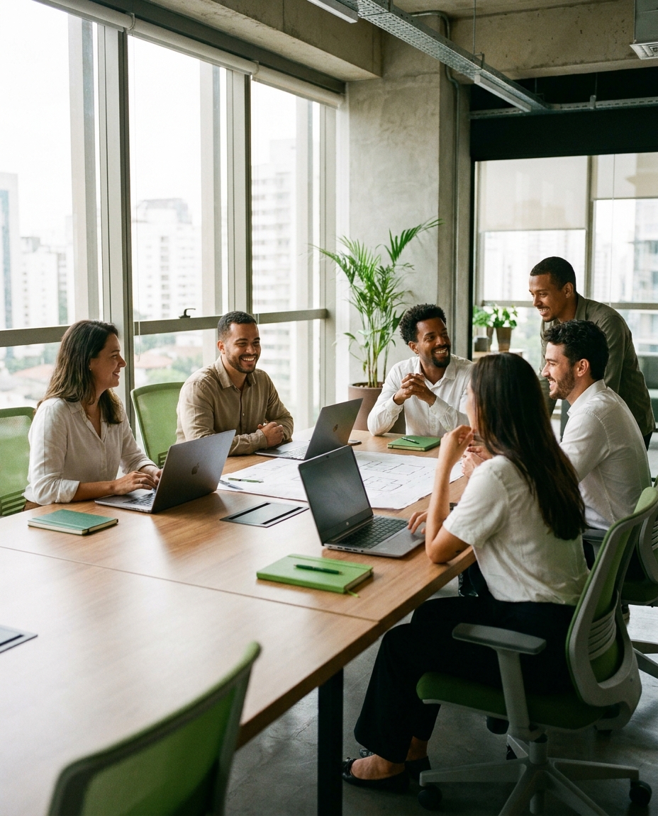 Equipe de trabalho reunida com a rotina de pessoal em dia