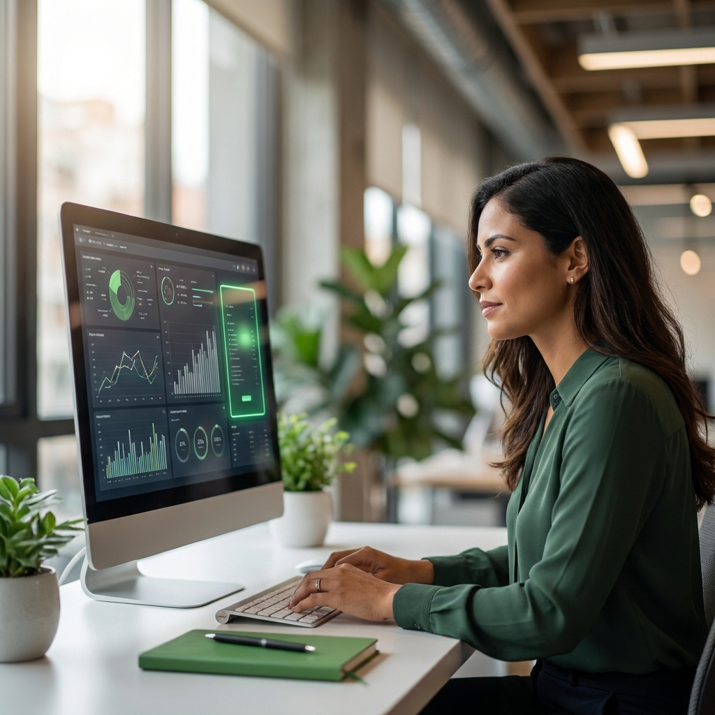 Empresária analisando dados para tomar decisão