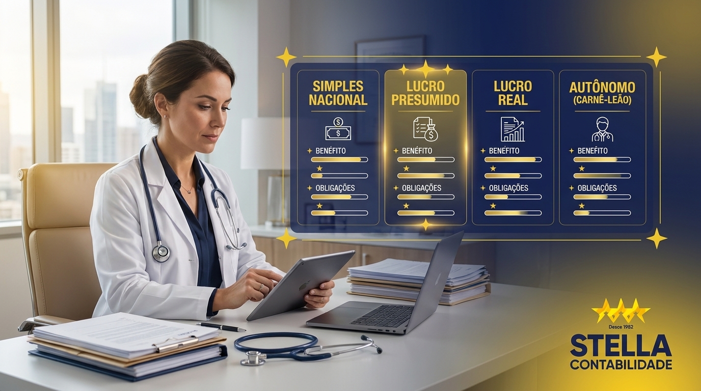 Quatro regimes tributários para PJ médica em 2026 — Contabilidade Stella Banner CTA — entender o regime tributário ideal para PJ médica com a Contabilidade Stella